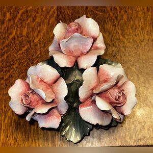 Vintage Capo Di Monte Nuevo Italian Porcelain Pink Roses Green Leaves Italy